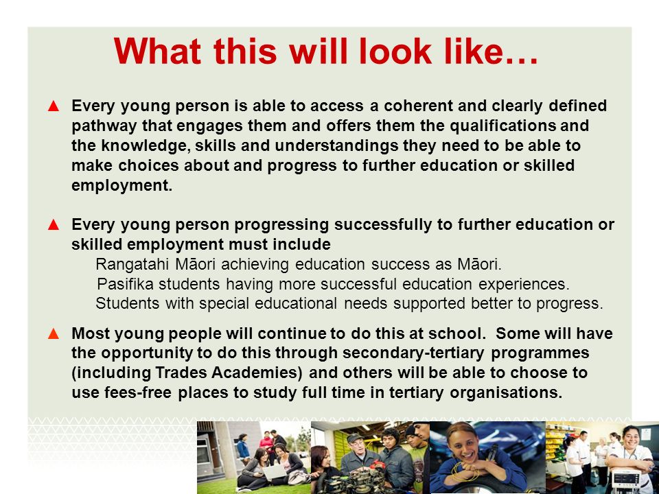 What this will look like… Every young person is able to access a coherent and clearly defined pathway that engages them and offers them the qualifications and the knowledge, skills and understandings they need to be able to make choices about and progress to further education or skilled employment.