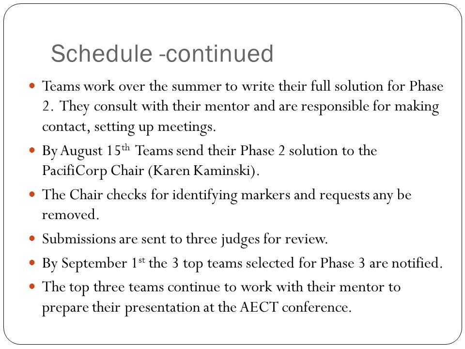 Schedule -continued Teams work over the summer to write their full solution for Phase 2.
