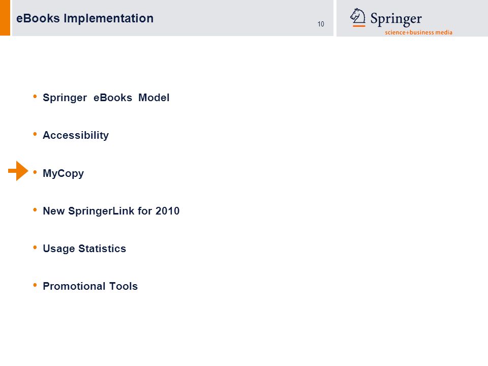 10 eBooks Implementation Springer eBooks Model Accessibility MyCopy New SpringerLink for 2010 Usage Statistics Promotional Tools