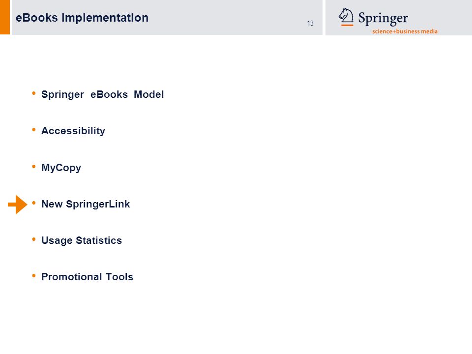 13 eBooks Implementation Springer eBooks Model Accessibility MyCopy New SpringerLink Usage Statistics Promotional Tools