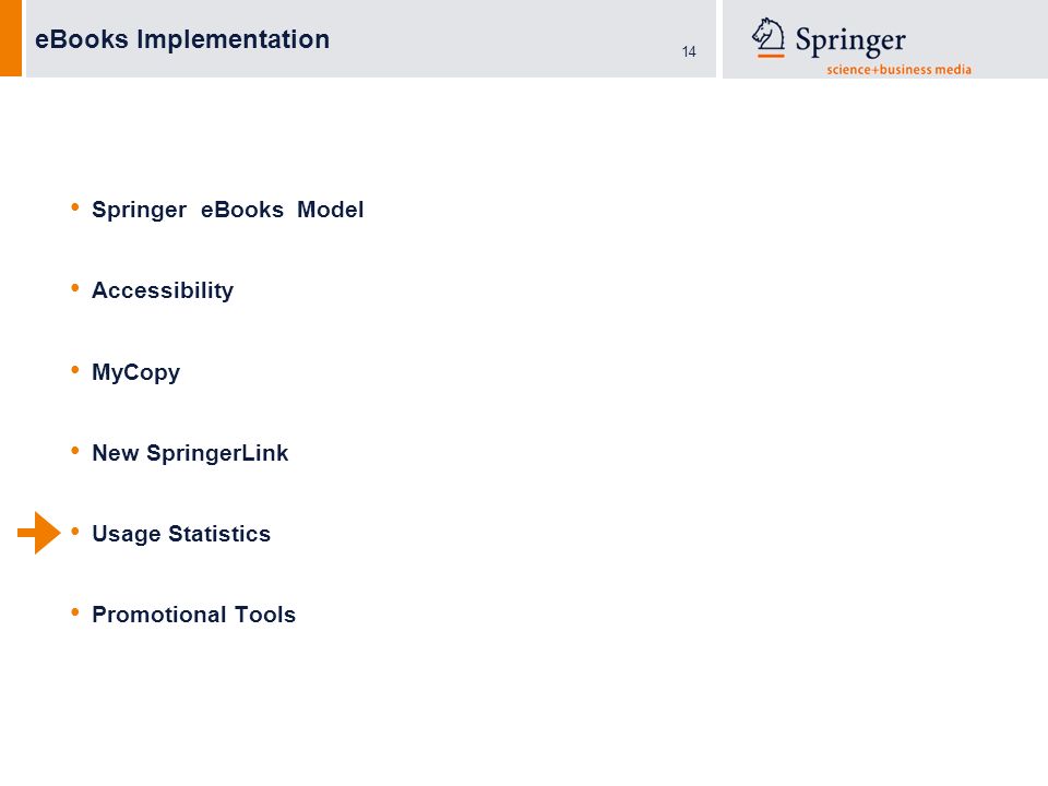 14 eBooks Implementation Springer eBooks Model Accessibility MyCopy New SpringerLink Usage Statistics Promotional Tools