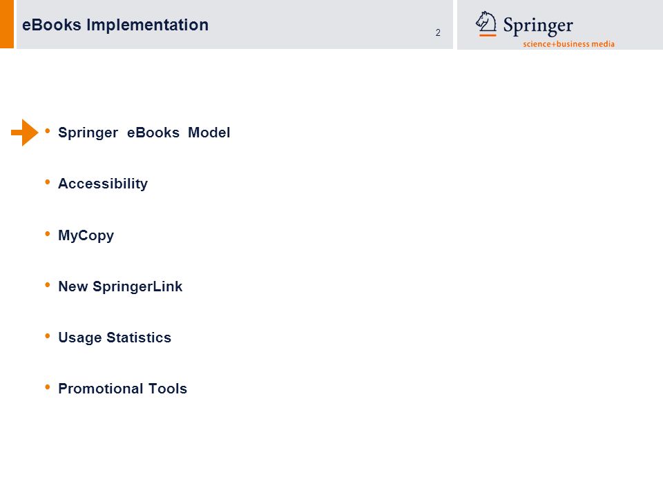 2 eBooks Implementation Springer eBooks Model Accessibility MyCopy New SpringerLink Usage Statistics Promotional Tools
