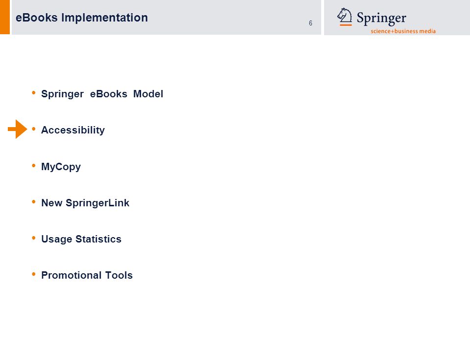 6 eBooks Implementation Springer eBooks Model Accessibility MyCopy New SpringerLink Usage Statistics Promotional Tools