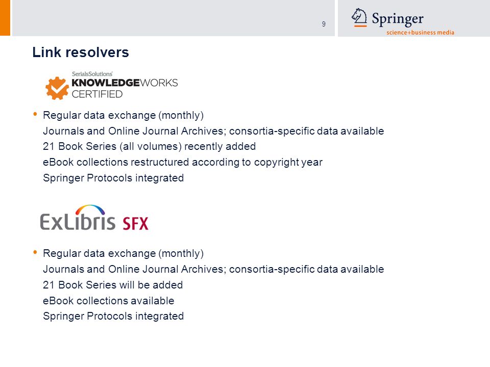 9 Link resolvers Regular data exchange (monthly) Journals and Online Journal Archives; consortia-specific data available 21 Book Series (all volumes) recently added eBook collections restructured according to copyright year Springer Protocols integrated Regular data exchange (monthly) Journals and Online Journal Archives; consortia-specific data available 21 Book Series will be added eBook collections available Springer Protocols integrated
