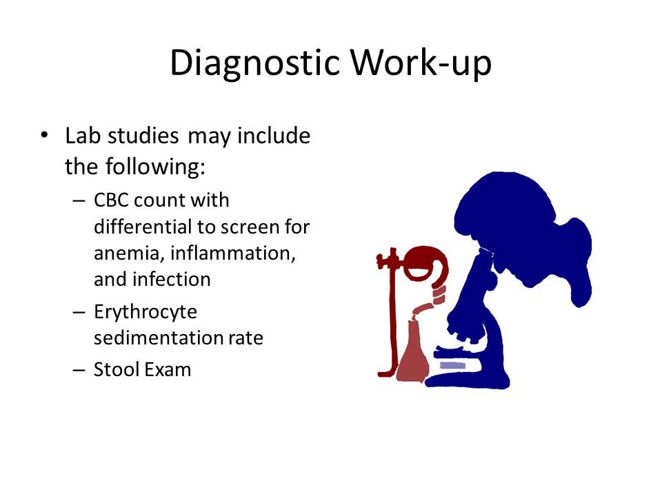 Diagnostic Work-up Lab studies may include the following: – CBC count with differential to screen for anemia, inflammation, and infection – Erythrocyte sedimentation rate – Stool Exam