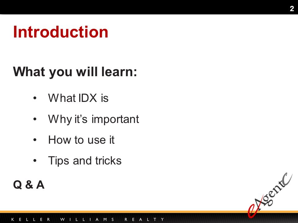 2 What you will learn: What IDX is Why its important How to use it Tips and tricks Introduction Q & A