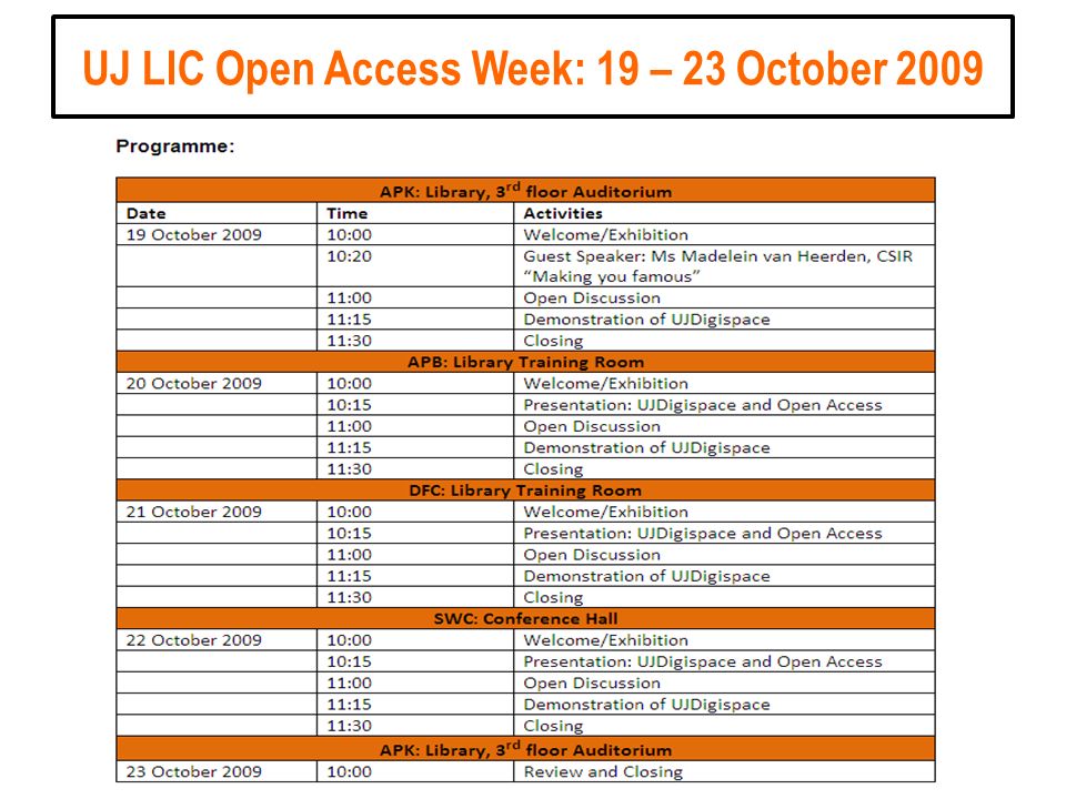 UJ LIC Open Access Week: 19 – 23 October 2009