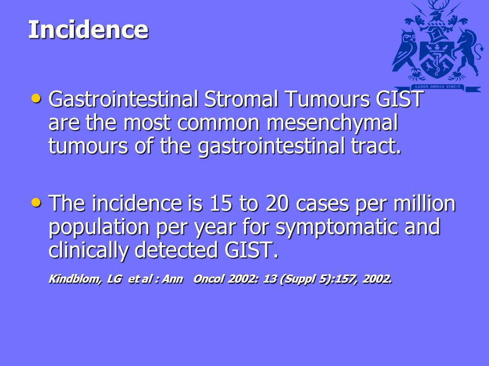 Incidence Gastrointestinal Stromal Tumours GIST are the most common mesenchymal tumours of the gastrointestinal tract.