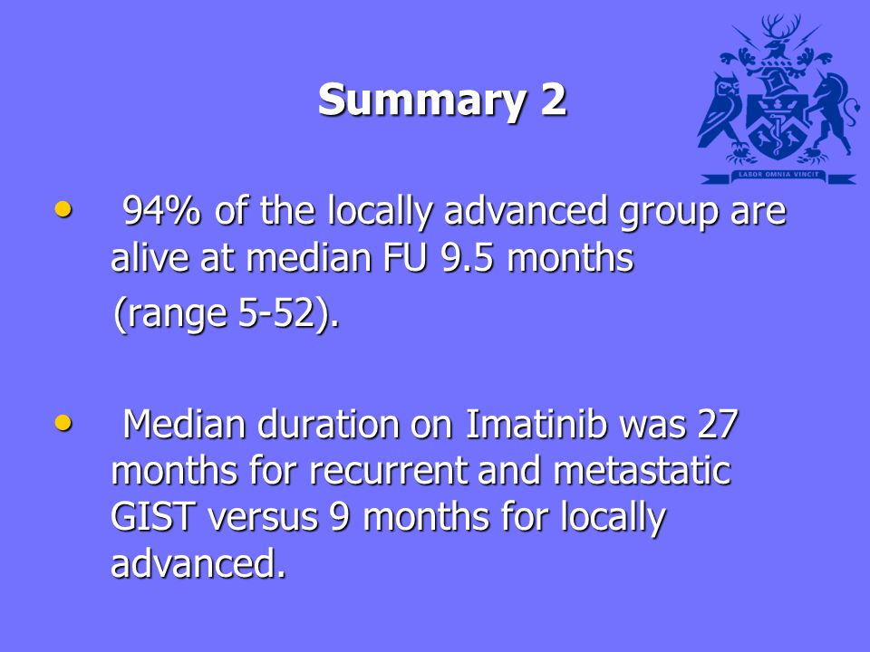 Summary 2 Summary 2 94% of the locally advanced group are alive at median FU 9.5 months 94% of the locally advanced group are alive at median FU 9.5 months (range 5-52).