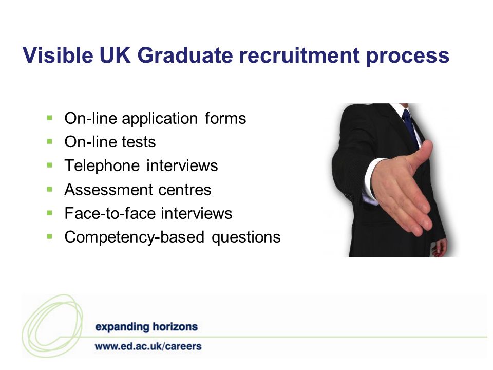 Visible UK Graduate recruitment process On-line application forms On-line tests Telephone interviews Assessment centres Face-to-face interviews Competency-based questions