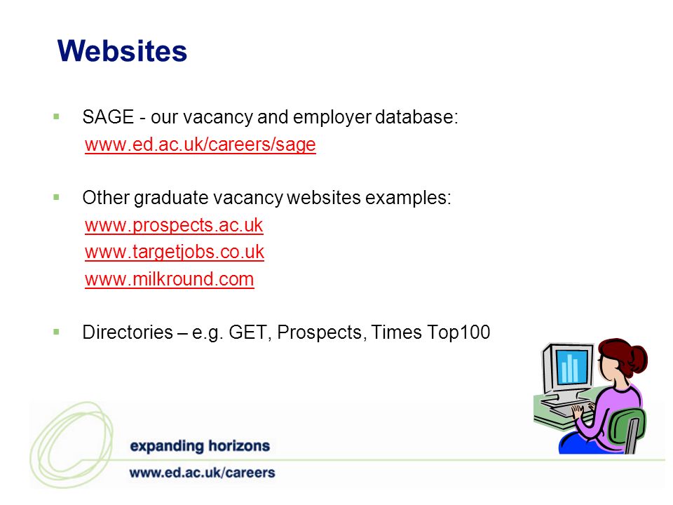 Websites SAGE - our vacancy and employer database:   Other graduate vacancy websites examples: Directories – e.g.