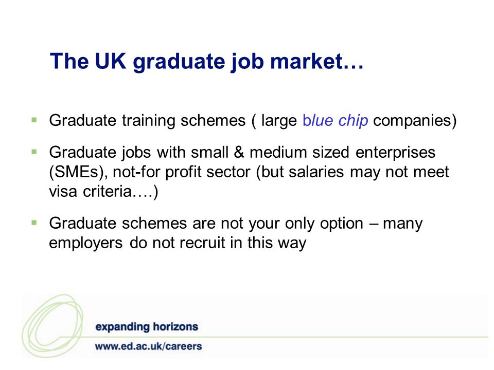 The UK graduate job market… Graduate training schemes ( large blue chip companies) Graduate jobs with small & medium sized enterprises (SMEs), not-for profit sector (but salaries may not meet visa criteria….) Graduate schemes are not your only option – many employers do not recruit in this way