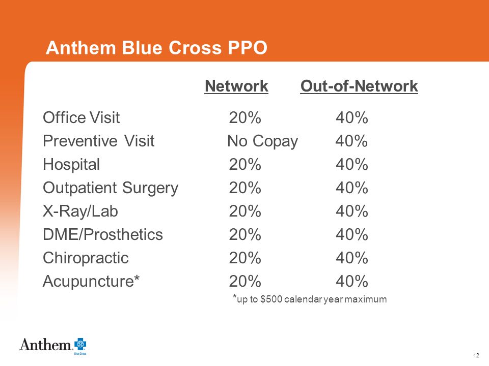 12 Anthem Blue Cross PPO Network Out-of-Network Office Visit 20%40% Preventive Visit No Copay 40% Hospital 20%40% Outpatient Surgery 20%40% X-Ray/Lab 20%40% DME/Prosthetics20%40% Chiropractic20%40% Acupuncture*20% 40% * up to $500 calendar year maximum