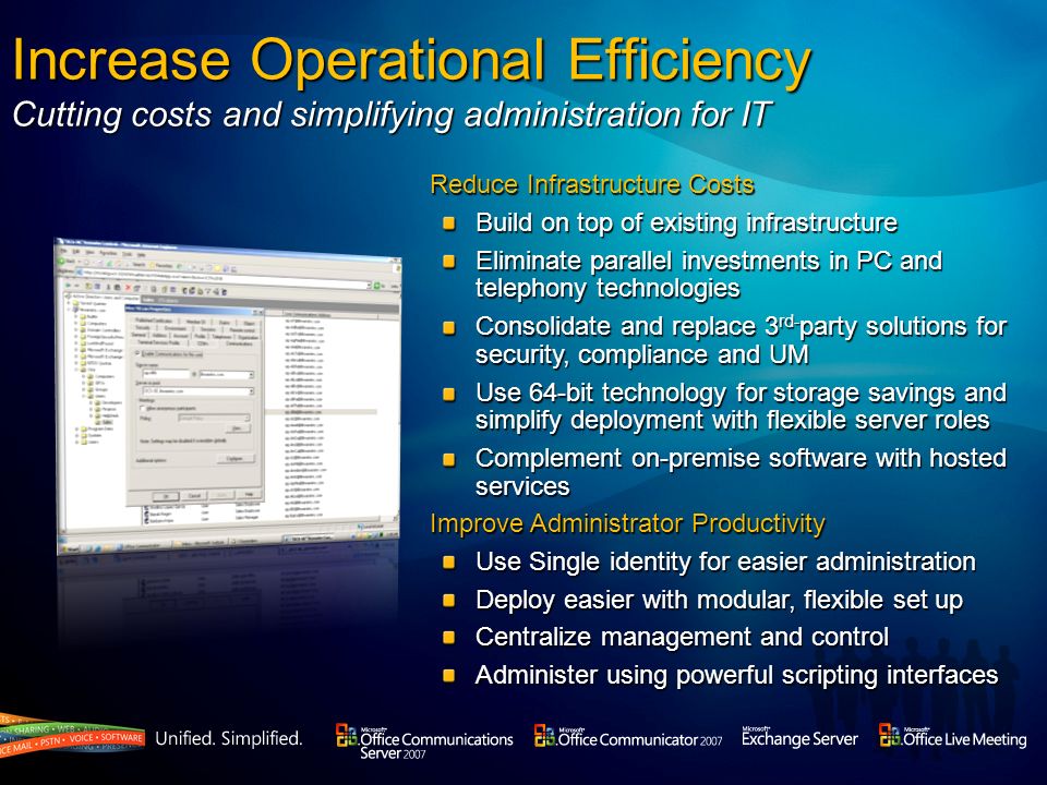 Increase Operational Efficiency Cutting costs and simplifying administration for IT Reduce Infrastructure Costs Build on top of existing infrastructure Eliminate parallel investments in PC and telephony technologies Consolidate and replace 3 rd- party solutions for security, compliance and UM Use 64-bit technology for storage savings and simplify deployment with flexible server roles Complement on-premise software with hosted services Improve Administrator Productivity Use Single identity for easier administration Deploy easier with modular, flexible set up Centralize management and control Administer using powerful scripting interfaces