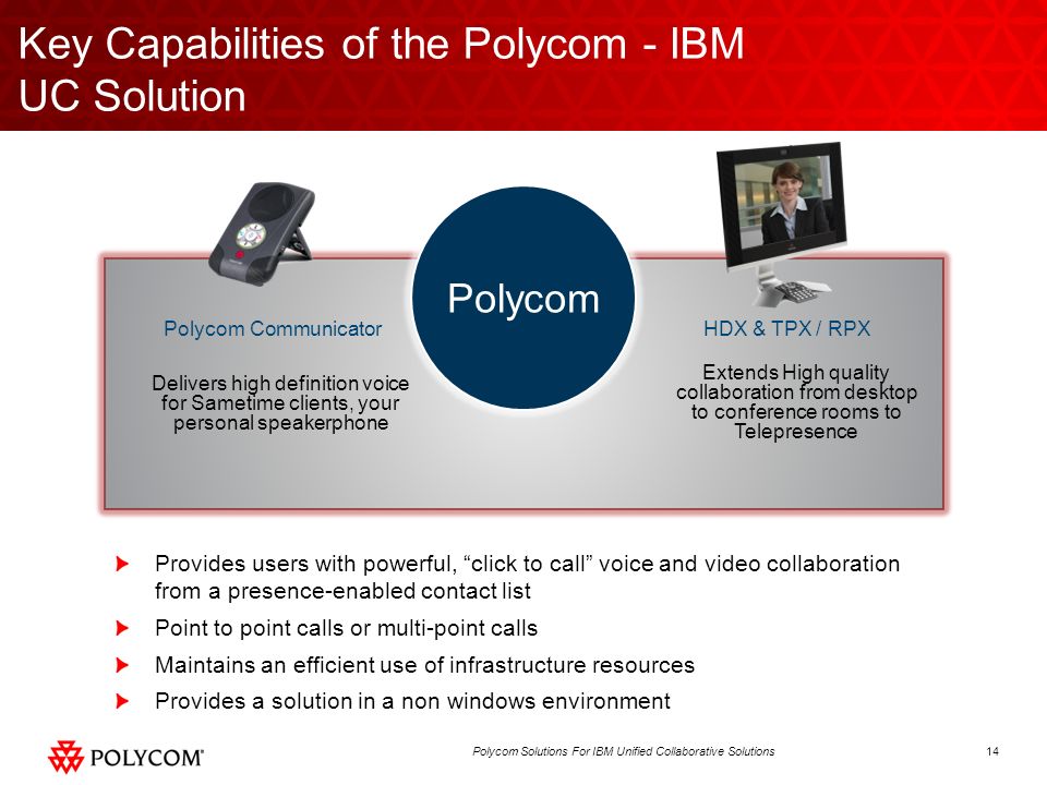 14Polycom Solutions For IBM Unified Collaborative Solutions Provides users with powerful, click to call voice and video collaboration from a presence-enabled contact list Point to point calls or multi-point calls Maintains an efficient use of infrastructure resources Provides a solution in a non windows environment Key Capabilities of the Polycom - IBM UC Solution Polycom Delivers high definition voice for Sametime clients, your personal speakerphone Polycom Communicator Extends High quality collaboration from desktop to conference rooms to Telepresence HDX & TPX / RPX