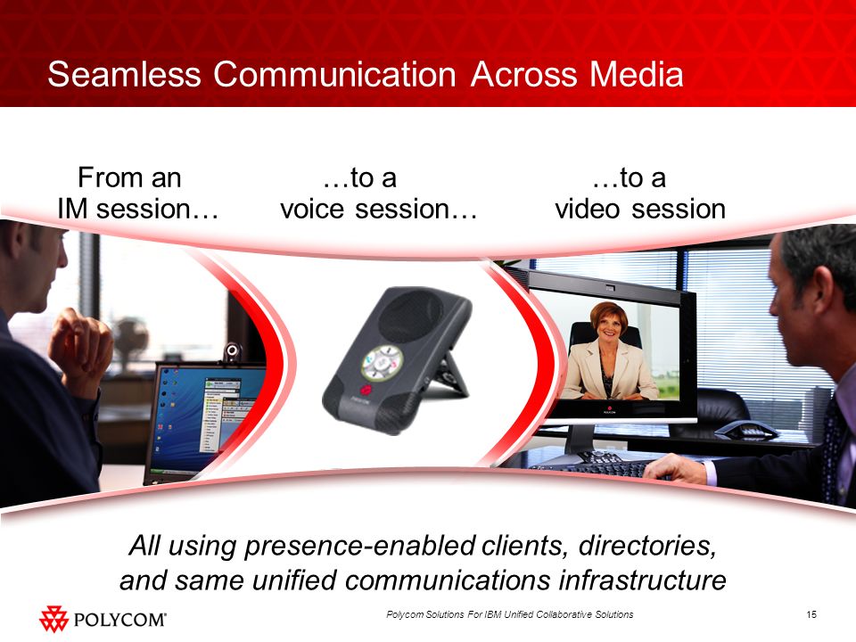 15Polycom Solutions For IBM Unified Collaborative Solutions Seamless Communication Across Media From an IM session… …to a voice session… …to a video session All using presence-enabled clients, directories, and same unified communications infrastructure