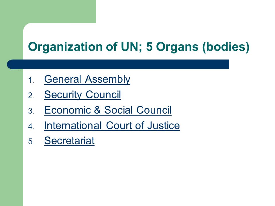 Organization of UN; 5 Organs (bodies) 1. General Assembly General Assembly 2.