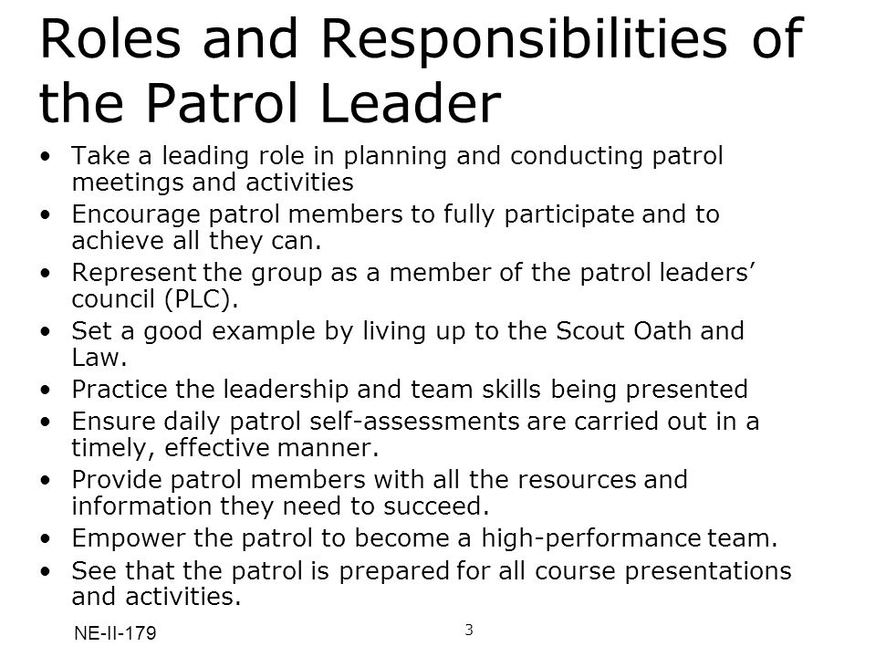 NE-II-179 Roles and Responsibilities of the Patrol Leader Take a leading role in planning and conducting patrol meetings and activities Encourage patrol members to fully participate and to achieve all they can.