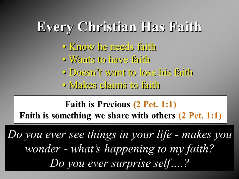 Every Christian Has Faith Know he needs faith Wants to have faith Doesnt want to lose his faith Makes claims to faith Know he needs faith Wants to have faith Doesnt want to lose his faith Makes claims to faith Faith is Precious (2 Pet.