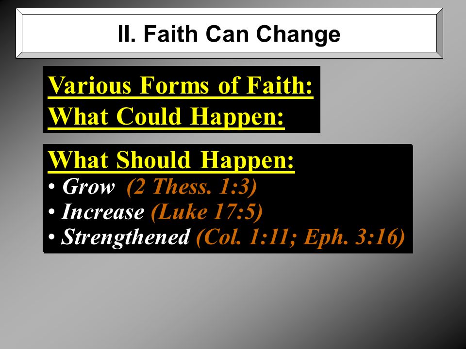 What Should Happen: Grow (2 Thess. 1:3) Increase (Luke 17:5) Strengthened (Col.