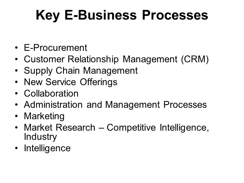 Key E-Business Processes E-Procurement Customer Relationship Management (CRM) Supply Chain Management New Service Offerings Collaboration Administration and Management Processes Marketing Market Research – Competitive Intelligence, Industry Intelligence