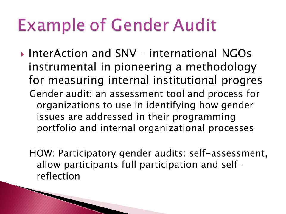 InterAction and SNV – international NGOs instrumental in pioneering a methodology for measuring internal institutional progres Gender audit: an assessment tool and process for organizations to use in identifying how gender issues are addressed in their programming portfolio and internal organizational processes HOW: Participatory gender audits: self-assessment, allow participants full participation and self- reflection