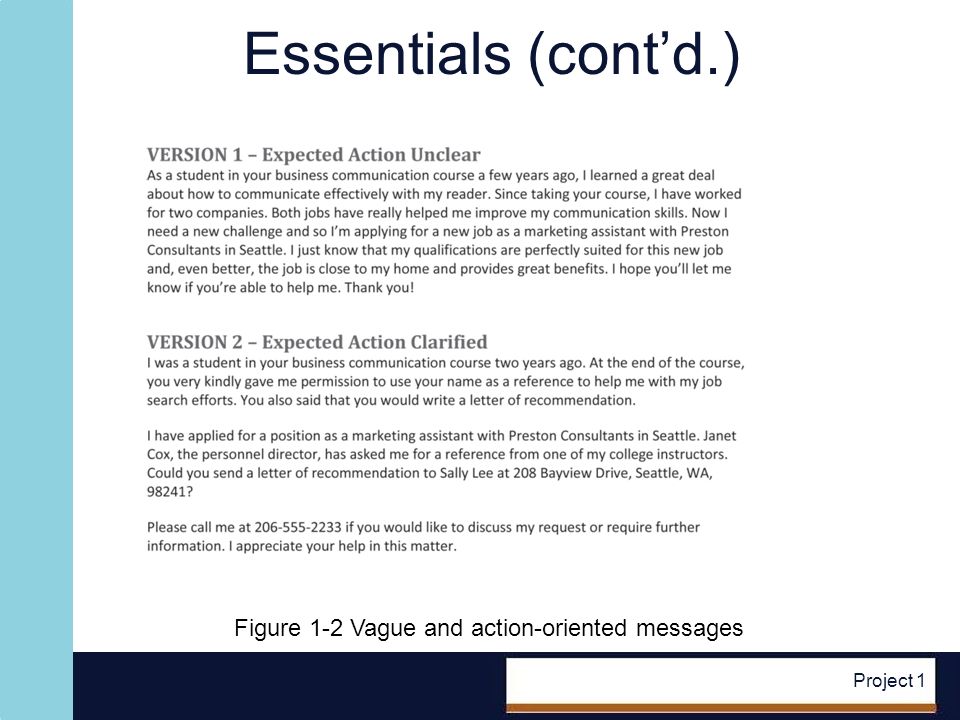 Project 1 Essentials (contd.) Figure 1-2 Vague and action-oriented messages