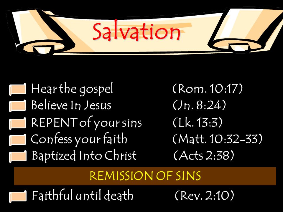 Salvation Hear the gospel (Rom. 10:17) Believe In Jesus (Jn.