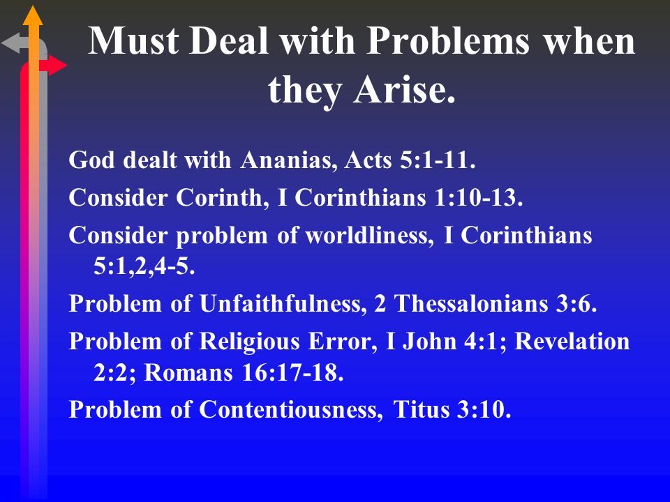 Must Deal with Problems when they Arise. God dealt with Ananias, Acts 5:1-11.