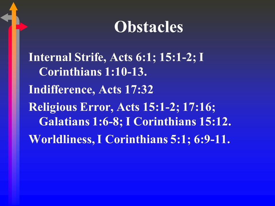 Obstacles Internal Strife, Acts 6:1; 15:1-2; I Corinthians 1:10-13.