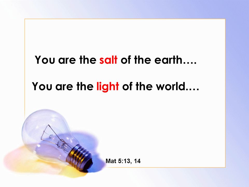 You are the salt of the earth …. You are the light of the world. … Mat 5:13, 14