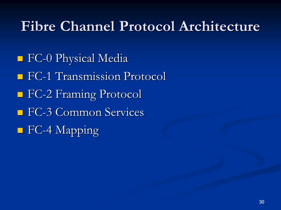 30 Fibre Channel Protocol Architecture FC-0 Physical Media FC-0 Physical Media FC-1 Transmission Protocol FC-1 Transmission Protocol FC-2 Framing Protocol FC-2 Framing Protocol FC-3 Common Services FC-3 Common Services FC-4 Mapping FC-4 Mapping