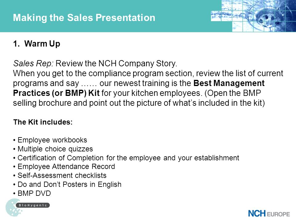 bmp kit sample sales track with sc iv making the sales presentation