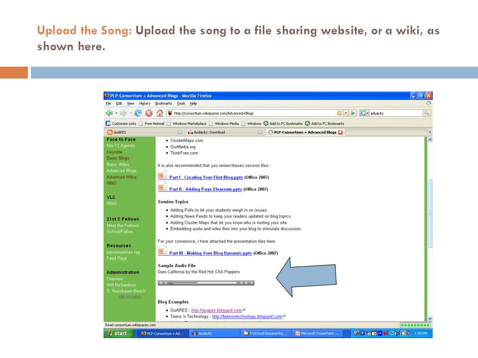 Upload the Song: Upload the song to a file sharing website, or a wiki, as shown here.