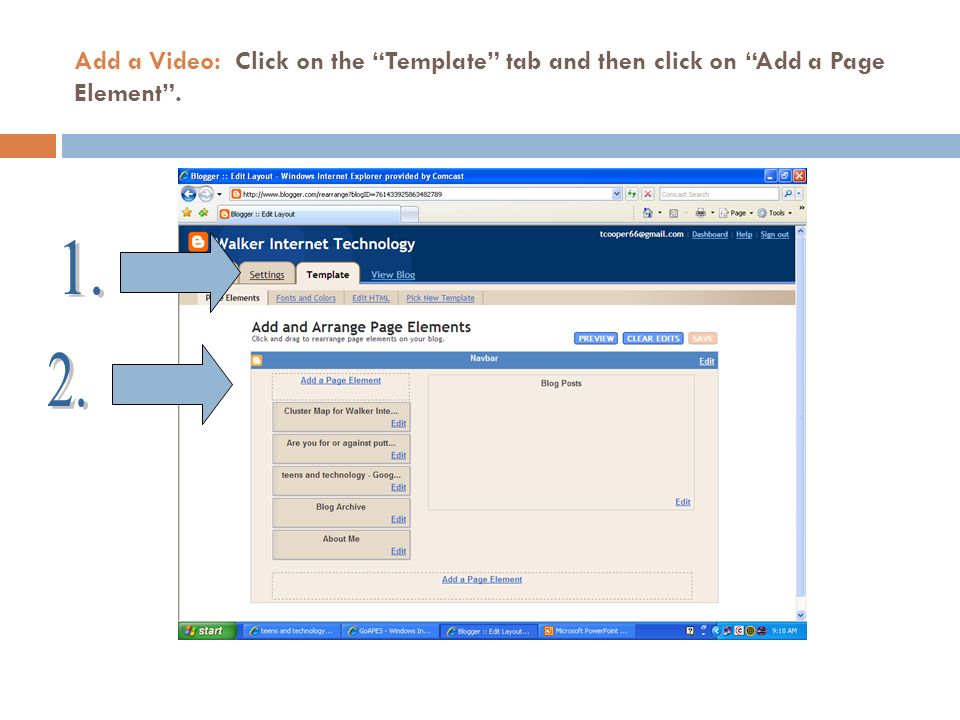 Add a Video: Click on the Template tab and then click on Add a Page Element.