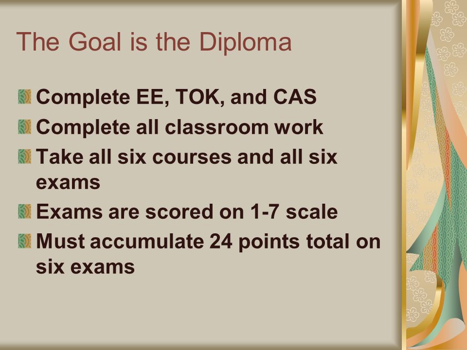The Goal is the Diploma Complete EE, TOK, and CAS Complete all classroom work Take all six courses and all six exams Exams are scored on 1-7 scale Must accumulate 24 points total on six exams