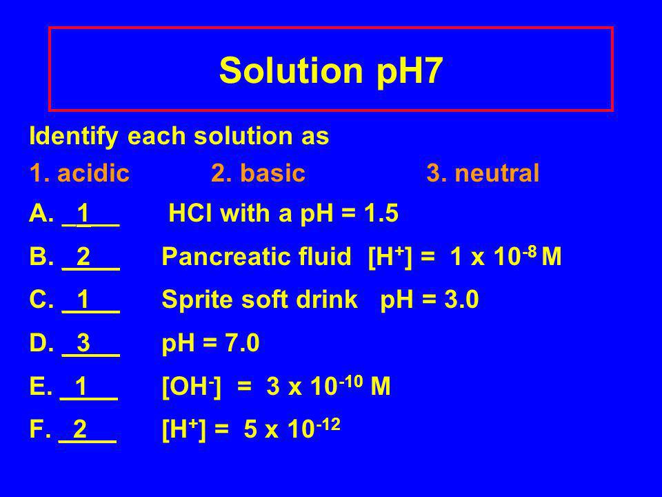 Solution pH7 Identify each solution as 1. acidic 2.