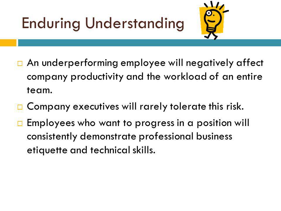 Enduring Understanding An underperforming employee will negatively affect company productivity and the workload of an entire team.