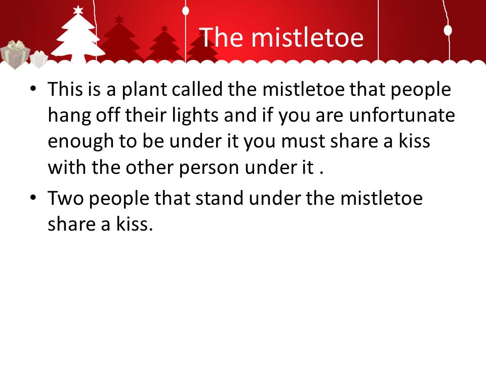 The mistletoe This is a plant called the mistletoe that people hang off their lights and if you are unfortunate enough to be under it you must share a kiss with the other person under it.