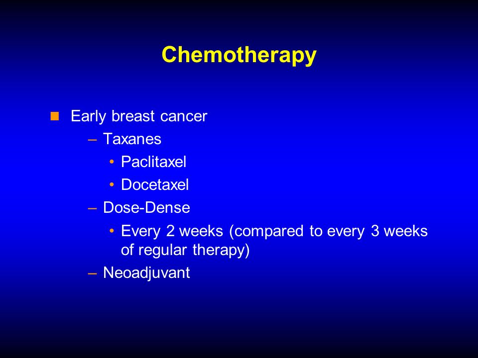 Chemotherapy Early breast cancer –Taxanes Paclitaxel Docetaxel –Dose-Dense Every 2 weeks (compared to every 3 weeks of regular therapy) –Neoadjuvant
