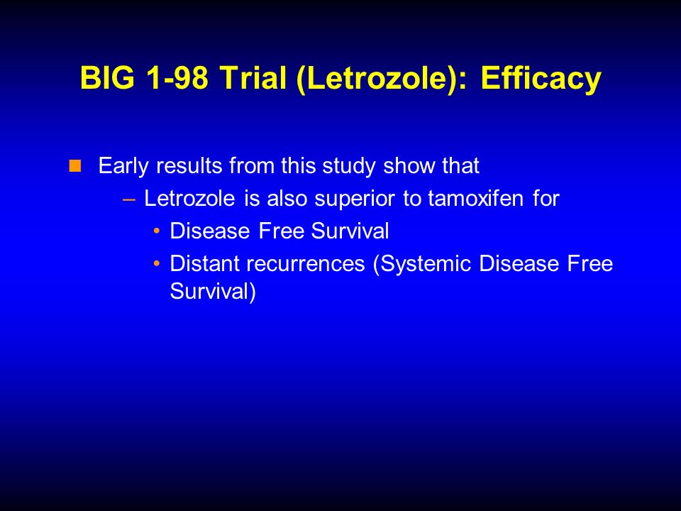 BIG 1-98 Trial (Letrozole): Efficacy Early results from this study show that –Letrozole is also superior to tamoxifen for Disease Free Survival Distant recurrences (Systemic Disease Free Survival)