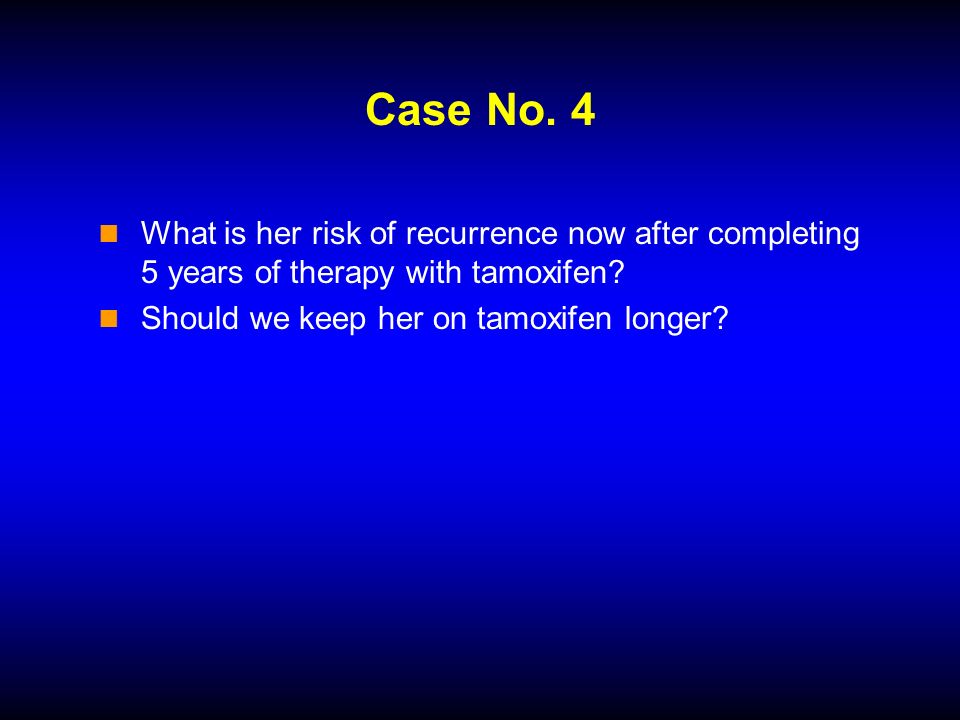 Case No. 4 What is her risk of recurrence now after completing 5 years of therapy with tamoxifen.