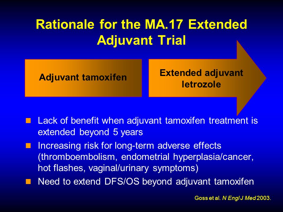Extended adjuvant letrozole Adjuvant tamoxifen Rationale for the MA.17 Extended Adjuvant Trial Lack of benefit when adjuvant tamoxifen treatment is extended beyond 5 years Increasing risk for long-term adverse effects (thromboembolism, endometrial hyperplasia/cancer, hot flashes, vaginal/urinary symptoms) Need to extend DFS/OS beyond adjuvant tamoxifen Goss et al.