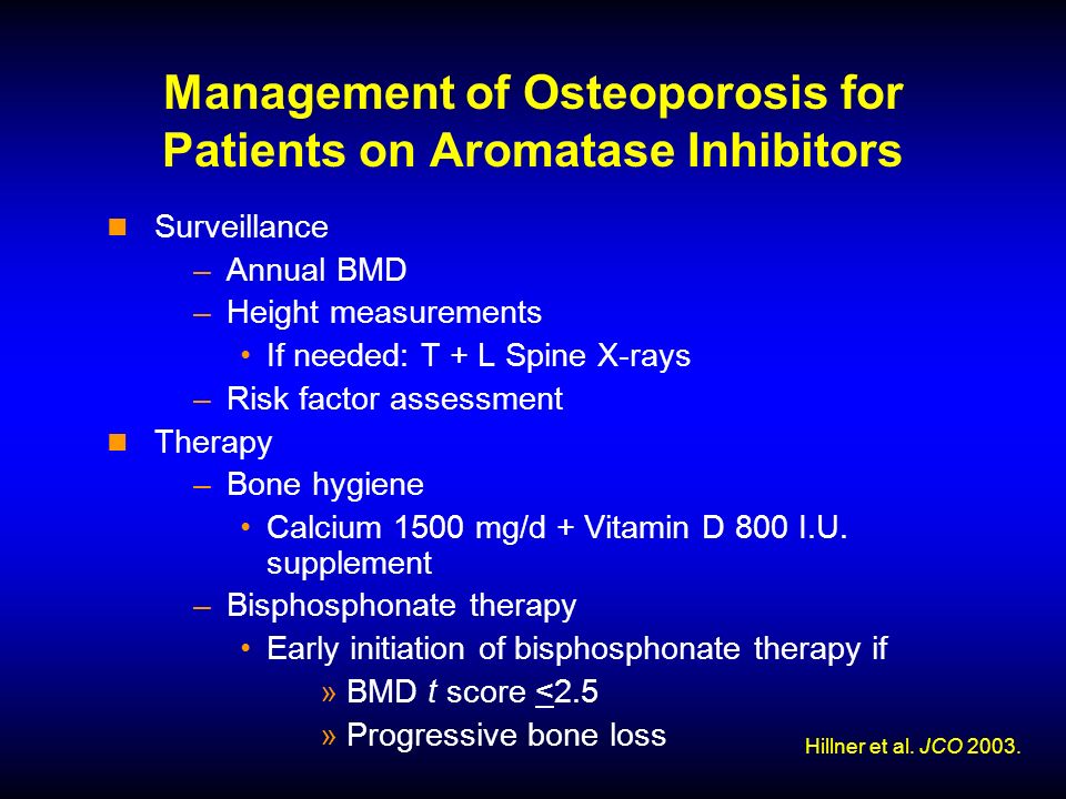 Management of Osteoporosis for Patients on Aromatase Inhibitors Surveillance –Annual BMD –Height measurements If needed: T + L Spine X-rays –Risk factor assessment Therapy –Bone hygiene Calcium 1500 mg/d + Vitamin D 800 I.U.