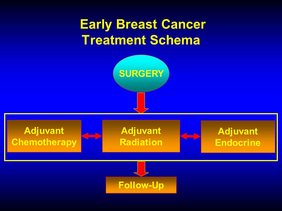 Early Breast Cancer Treatment Schema SURGERY Follow-Up Adjuvant Chemotherapy Adjuvant Radiation Adjuvant Endocrine