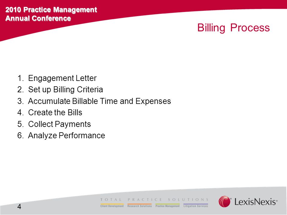 2010 Practice Management Annual Conference Billing Process 1.Engagement Letter 2.Set up Billing Criteria 3.Accumulate Billable Time and Expenses 4.Create the Bills 5.Collect Payments 6.Analyze Performance 4