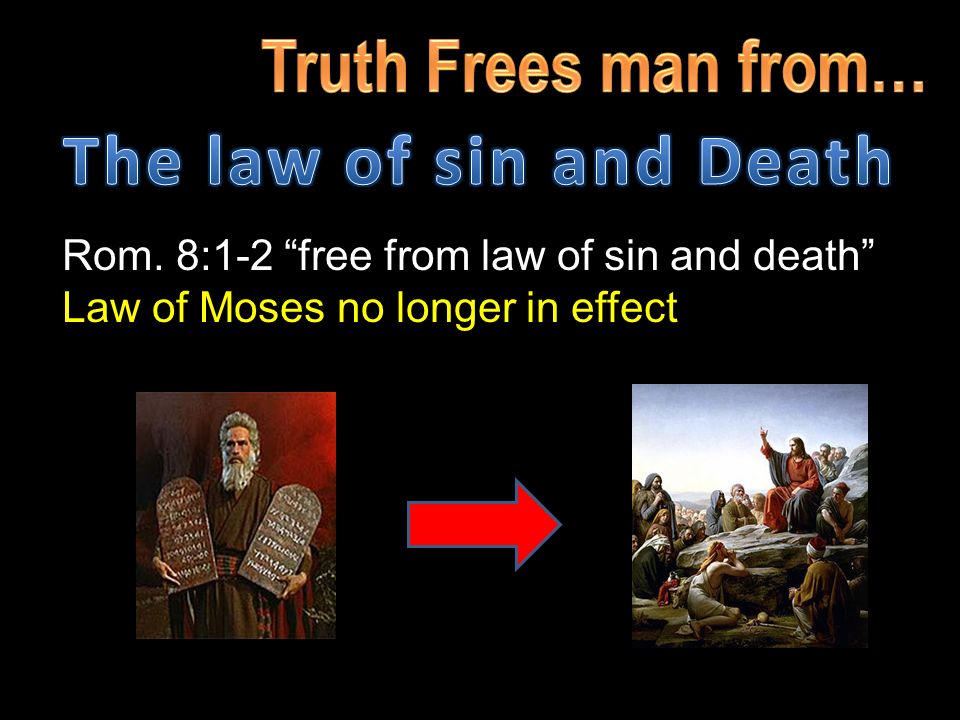 Rom. 8:1-2 free from law of sin and death Law of Moses no longer in effect