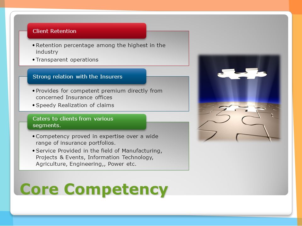 Core Competency Retention percentage among the highest in the industry Transparent operations Client Retention Provides for competent premium directly from concerned Insurance offices Speedy Realization of claims Strong relation with the Insurers Competency proved in expertise over a wide range of insurance portfolios.