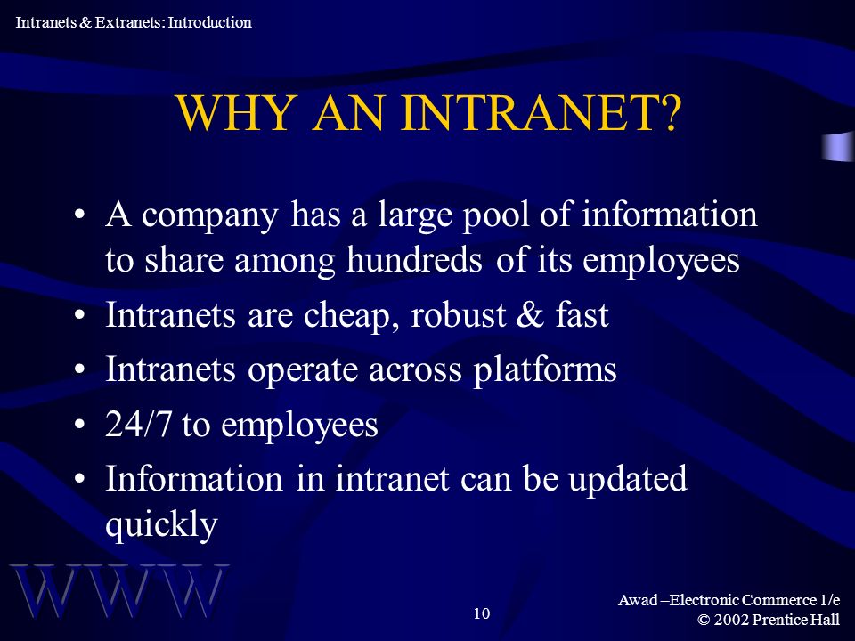 Awad –Electronic Commerce 1/e © 2002 Prentice Hall 10 WHY AN INTRANET.