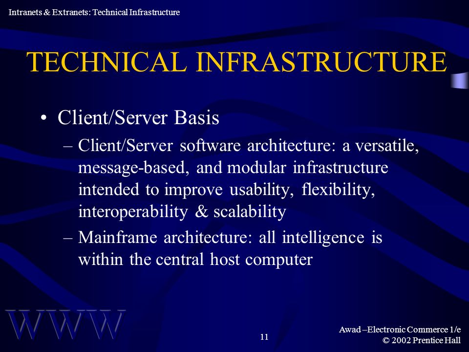 Awad –Electronic Commerce 1/e © 2002 Prentice Hall 11 TECHNICAL INFRASTRUCTURE Client/Server Basis –Client/Server software architecture: a versatile, message-based, and modular infrastructure intended to improve usability, flexibility, interoperability & scalability –Mainframe architecture: all intelligence is within the central host computer Intranets & Extranets: Technical Infrastructure
